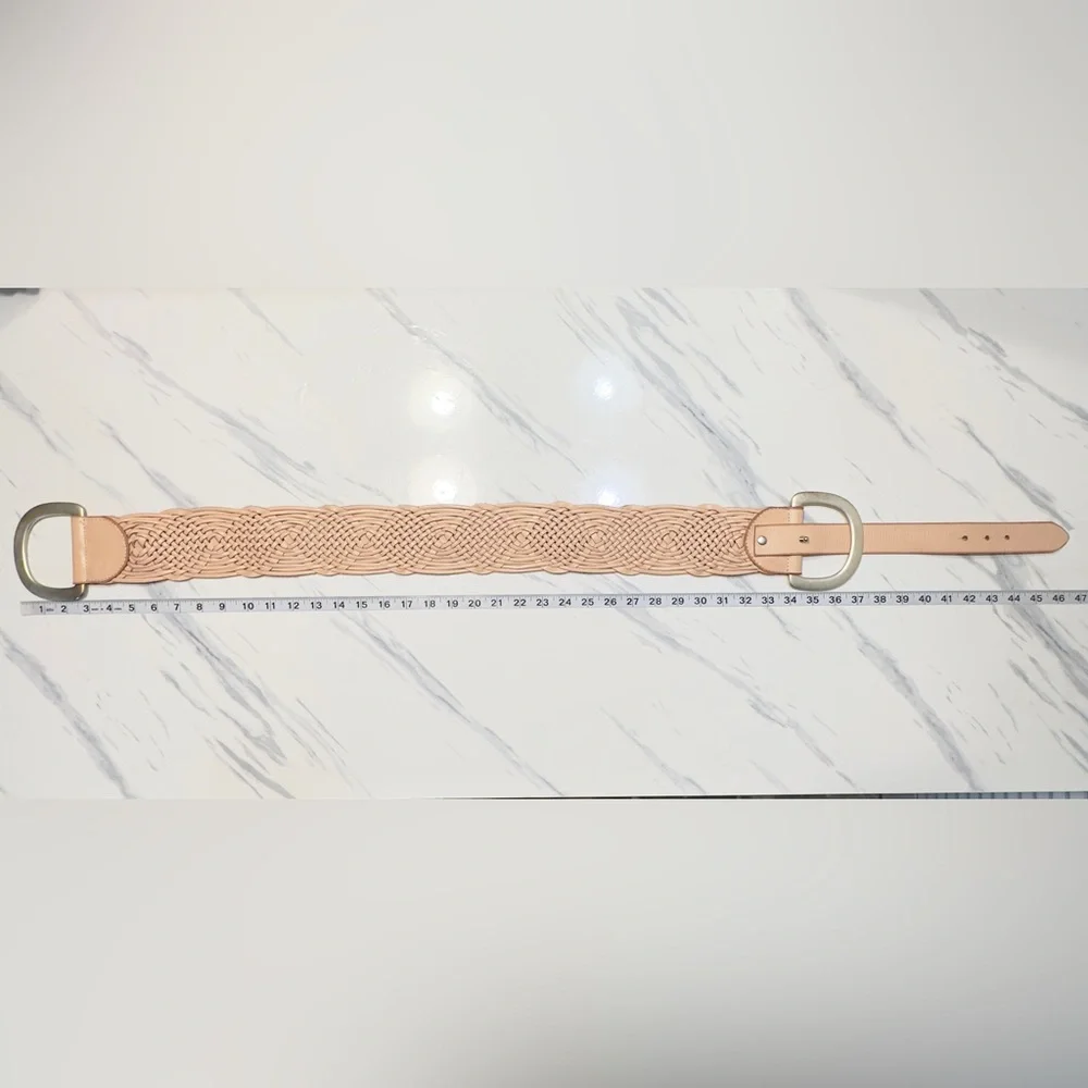 Linea Pelle Braided Leather Belt in Light Tan with Gold Buckles